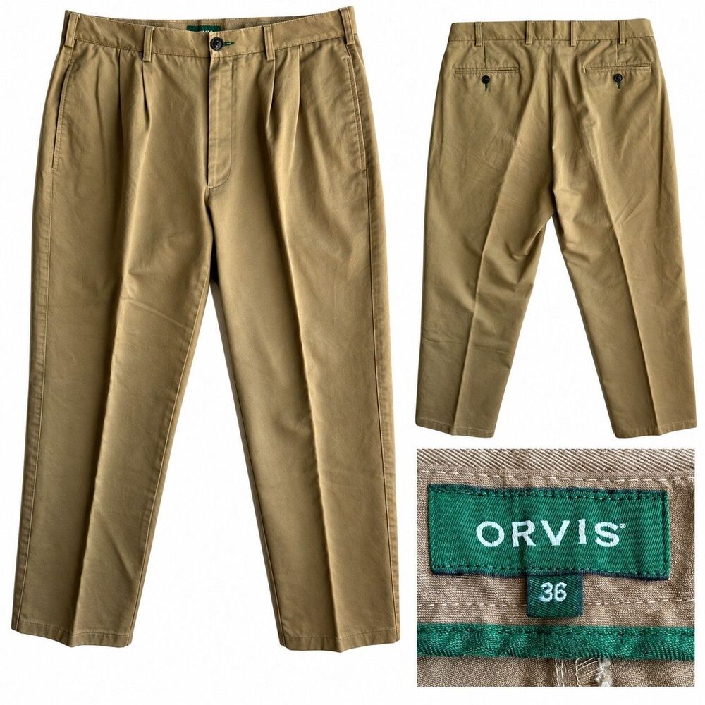 Orvis Khaki Pants Men's 36 Tan 100% Cotton Trousers Chino Pleated Front Casual